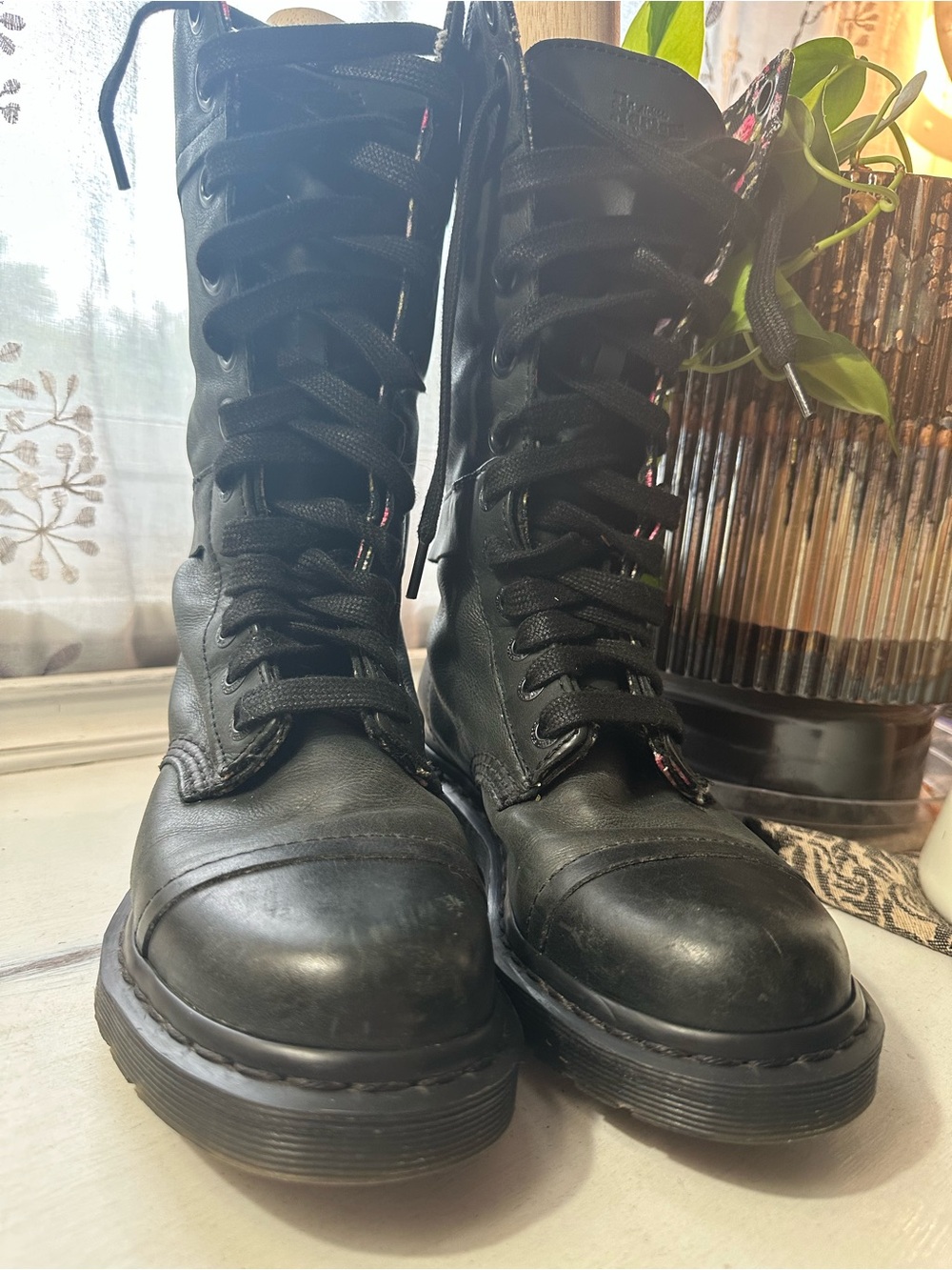 Dr. Martens Lace-Up 1914 Triumph Black Leather Combat Boots with Floral Lining